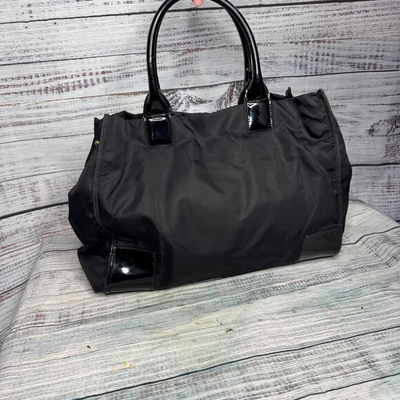 TORY BURCH Large Black Logo Nylon & PVC Tote Shoulder Bag 13x16 - Picture 5 of 6